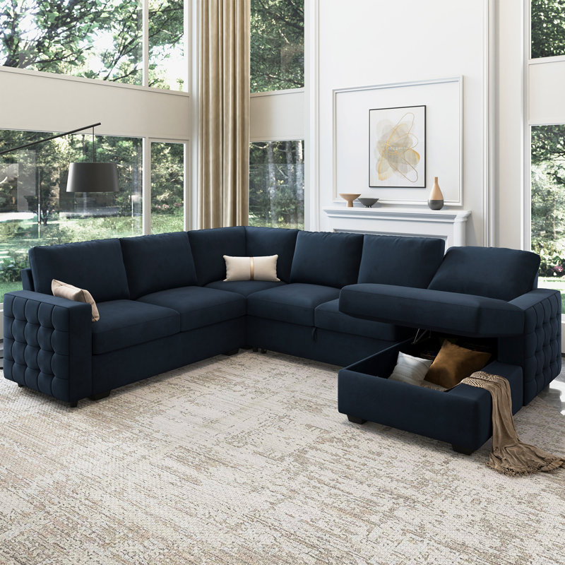 Chasidi U-Shaped Sectional Sofa Bed Pull Out Sleeper Couch With Storage Chaise, Beige Velvet