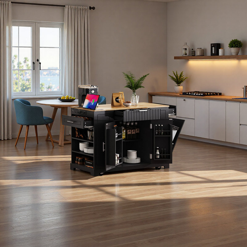 Mediun Kitchen Island With Trash Can Storage Cabinet And 3 Drawers, Black