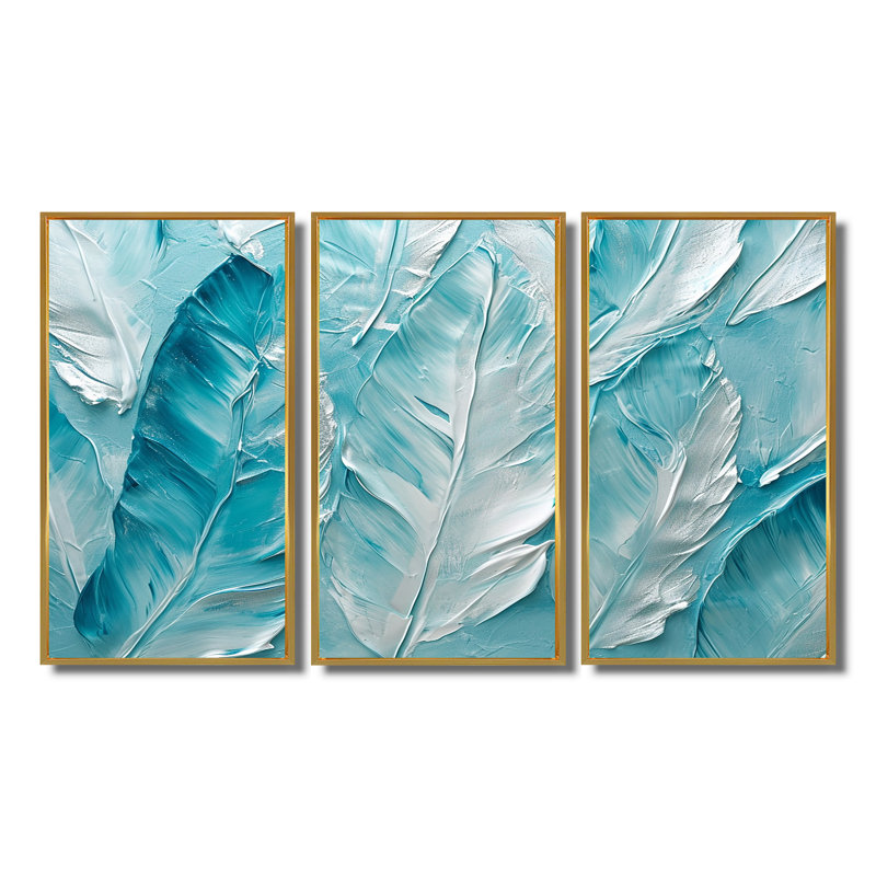 Tetsu - Ensemble de décorations murales plumes, Cadre flottant doré, H 40 po x l 60 po x P 1 po