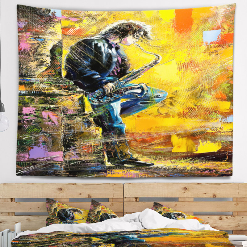 Homme avec tapisserie de saxophone, H 50 po x l 60 po