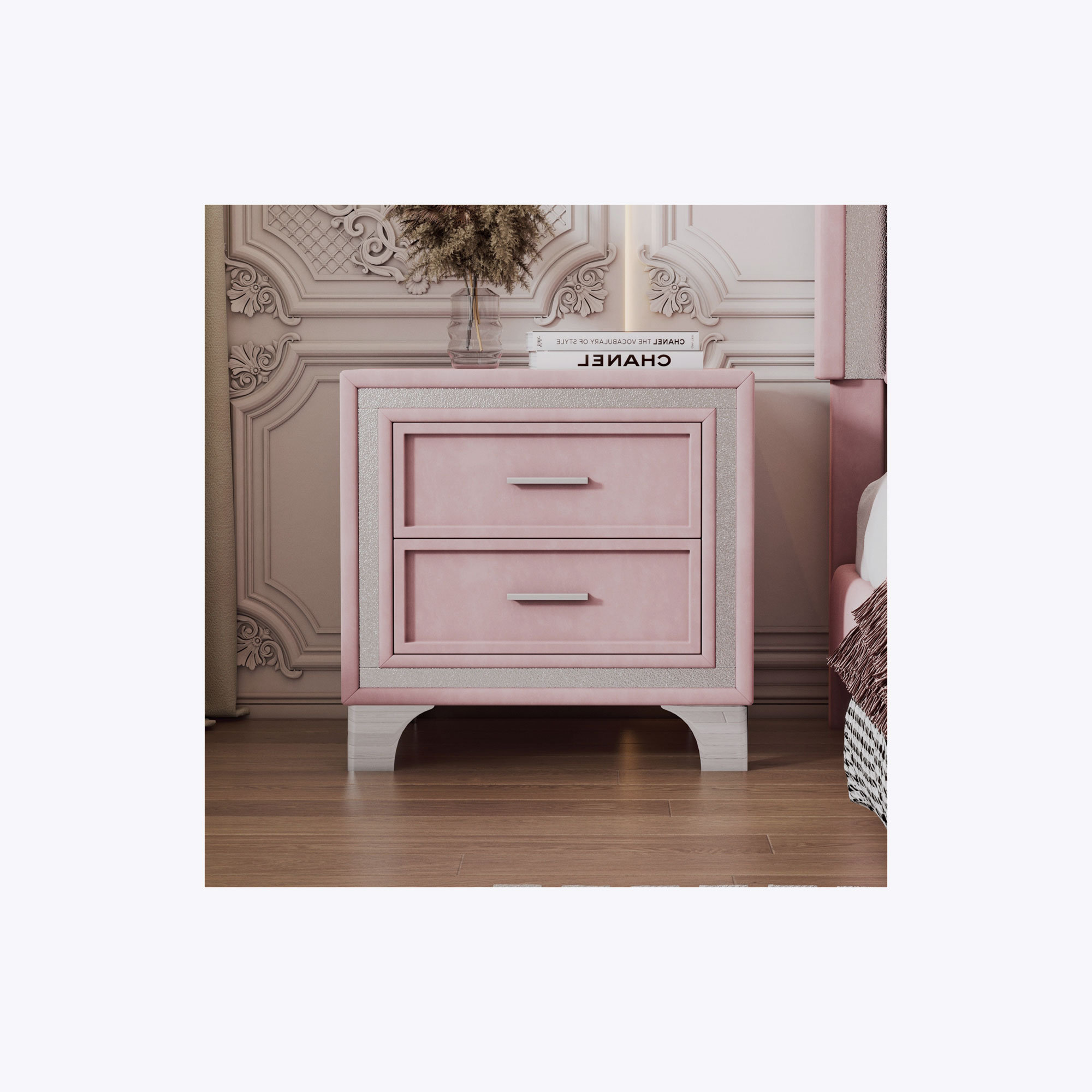 Vintage Velvet Bedside Table With 2 Drawers - Upholstered Nightstand With Silver Glitter Strips & Metal Legs (Beige)
