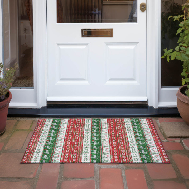 Machine Washable Indoor/Outdoor Christmas Reindeers Xhevrie Red Rug, Rectangle 1'8" x 2'6"