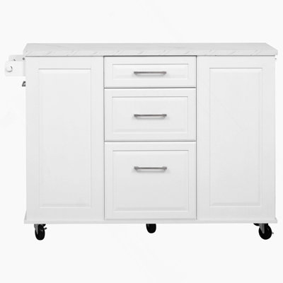 50.7" Kitchen Island with Storage Tilt Trash Can Cabinet and Pull Out Cabinet Organizer, Rolling Kitchen Island on 5 Wheels with Drop Leaf, 2 Drawers, 1Door for Kitchen, Dining Room, White