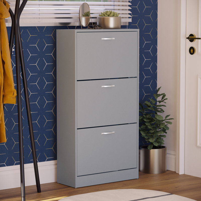 Drawer Flip Down Shoe Storage Free Standing Cabinet For Hallway, Grey, 118" H x 60" W x 24" D