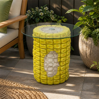 Table d'appoint 17,32 po en épi de maïs à haute nouveauté, table de bout en résine végétale de 19,69 po de large avec plateau en verre, mobilier d'appoint multifonctionnel pour la décoration de la maison et du jardin