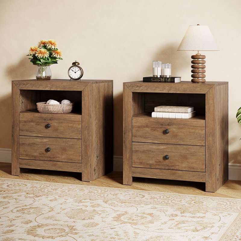 Farmhouse Nightstand with Storage Drawers, Bedside Table with Open Shelf for Bedroom, Set of 2, Brown