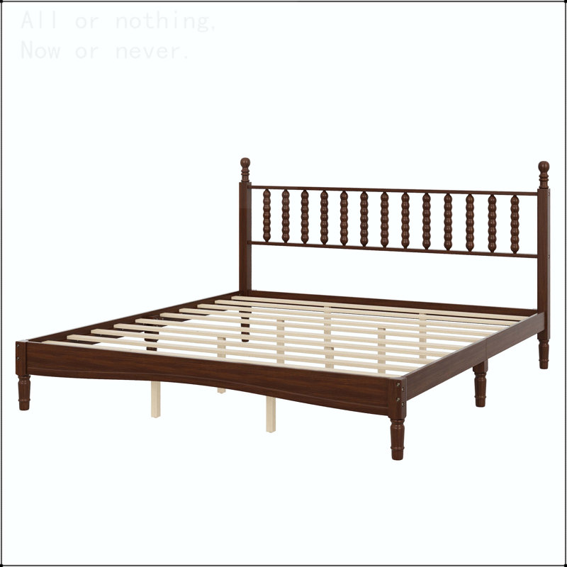 Full Size Retro Platform Bed with Gourd Shaped Headboard and Wooden Slats, Walnut, King