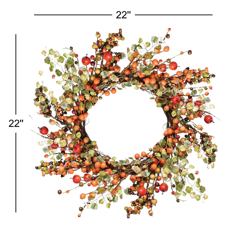 Couronne de récolte artificielle pommes et baies - 22 pouces non éclairée