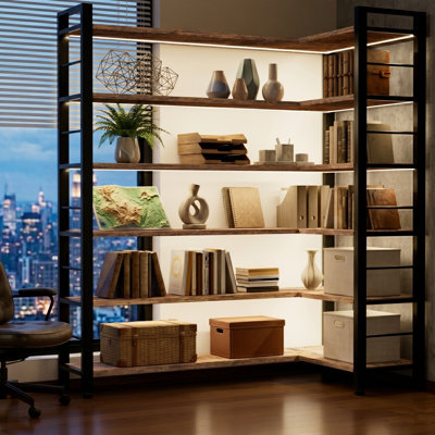 5-Tier L-Shaped Corner Bookshelf with App-Controlled LED Lights, Convertible Industrial Bookcase in Rustic Brown