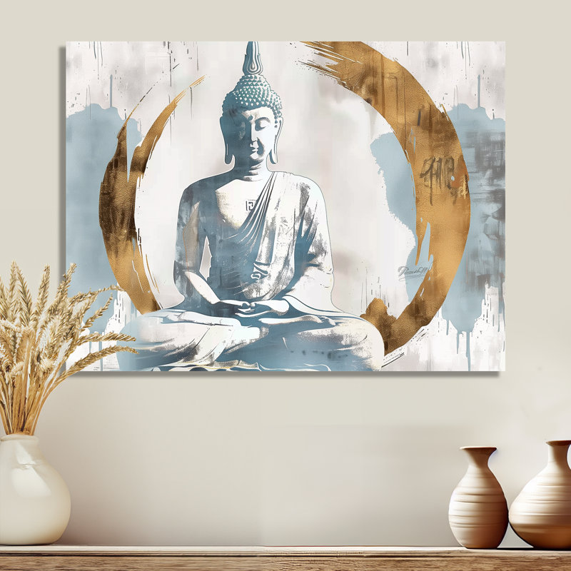 «Gray and Gold Golden Buddha Reflection II - Buddhism», reproduction d'art murale, H 16 po x l 32 po x P 1 po, Métal métal
