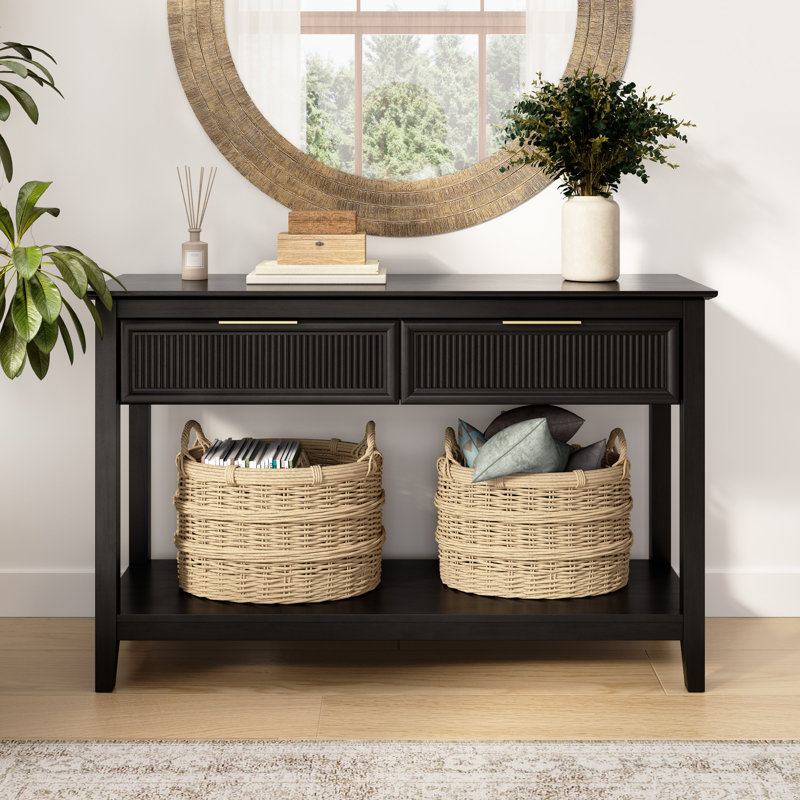 Console étroite avec tiroirs et tablette, conception cannelée, bois moderne, bouleau onyx, Black
