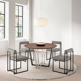 Mirjanka 5 Piece 48" Round Walnut Dining Table Set with Matte Black Iron and Light Gray Faux Leather
