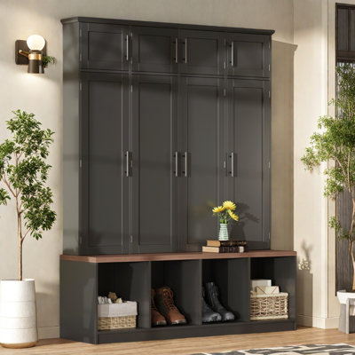 Farmhouse Hall Tree with 4 Hidden Hanging Hooks, Walnut Seating Bench with 8 Doors – Entryway Shoe Cabinet with Open Compartments, 4-in-1 Storage Bench for Mudroom, Living Room, Modern Farmhouse Organizer, Anti-Tipping