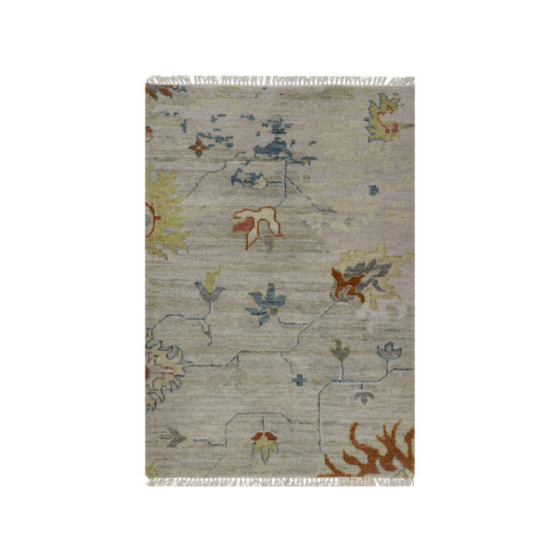 Tapis oriental gris pâle 2 pi 1 po x 3 pi avec motif Agra, laine pure, tapis oriental noué à la main