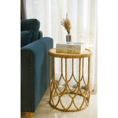 Table d'appoint ronde tissée à la main avec plateau en bois - Table d'appoint en rotin naturel