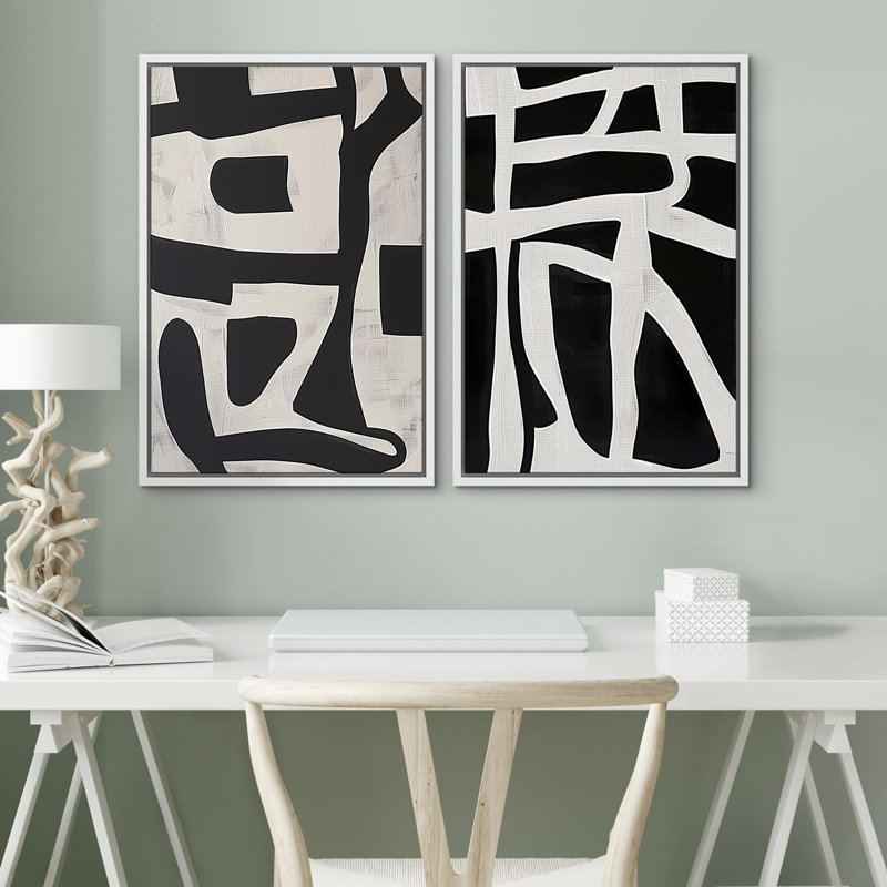 «Mid-Century Modern Brown Polygon Abstract Shapes», 2 pièces sur toile, Cadre blanc, H 24 po x l 16 po