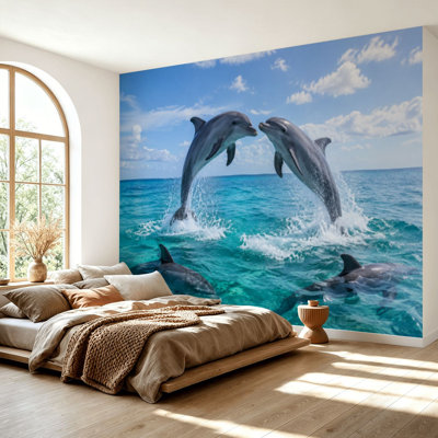 Wall Mural Peel and Stick Wallpaper pack jumping dolphins Self-Adhesive Removable Contact Paper Wall Decor for Living Room Bedroom 69"H x 96"W