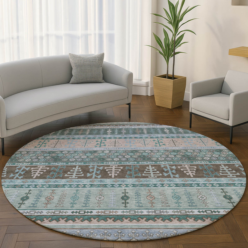 Premium Machine Washable Mayfield AMF2160 Striped Rug, Round 8', Emerald