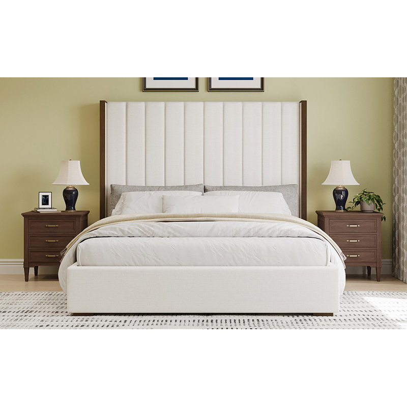 67.5" Tall Headboard Upholstered  Bed With Vertical Striped And Wingback Design, Box Spring Needed, Linen, King