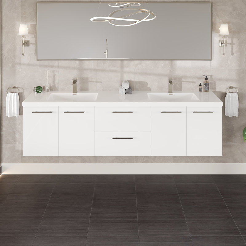 Lumina 84 In.  Wall Mount Double Sink Bath Vanity With Acrylic Top And Integrated Sinks, White