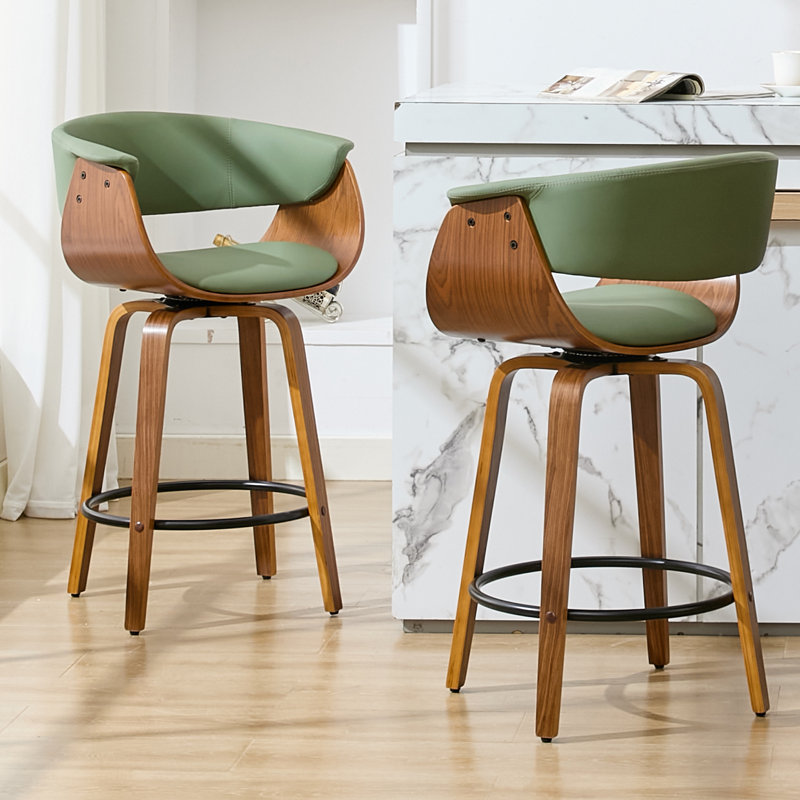 Modern Upholstered Swivel 30'' Bar Stools, Wood Kitchen Island Stools with Footrest, Green, Bar Stool (30" Seat Height)