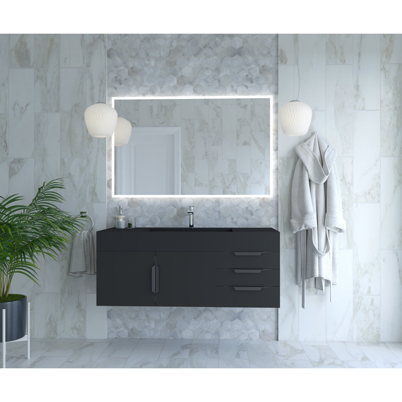 Meuble-lavabo mural simple 48 po avec comptoir à surface solide 48 po, Noir, Noir, Noir