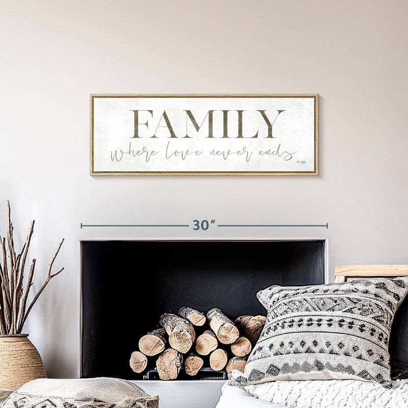 Plaque murale «Family Where Love Never Ends», Cadre flottant en bois naturel, 28 po x 10 po