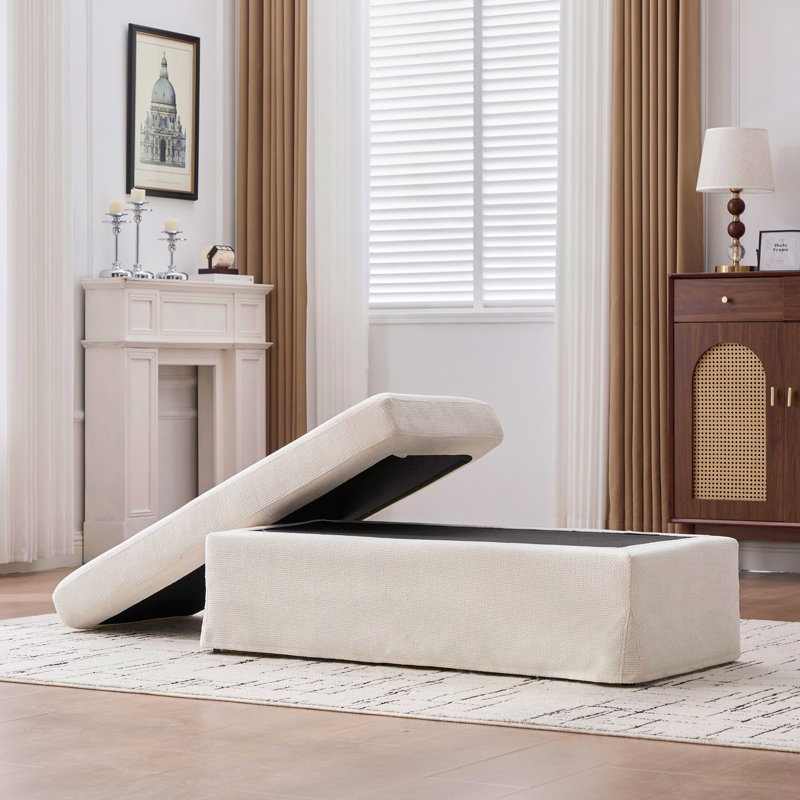 Repose-pieds rembourré carré en chenille avec pieds en métal noir, Beige, Beige, Beige
