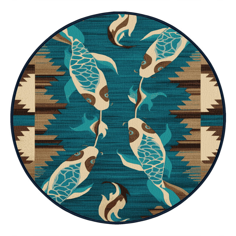 Washable Koi Fish Southwestern Area Rug, Round 3'
