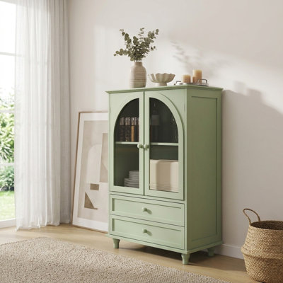 27.95" W Mint Green Farmhouse Vintage Storage Cabinet with Arched Tempered Glass Door and 2 Drawers Tiered Top Mdf