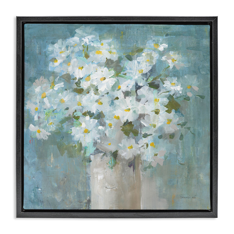 Marguerite en fleurs abstraites, H 18 po x l 18 po, Cadre flottant noir de jais