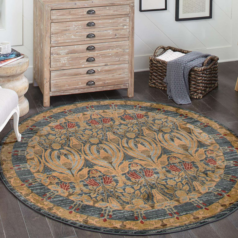 Tapis carré en polypropylène tissé à la machine en rouge / brun / bleu Akane, Rond 7 pi 1 po