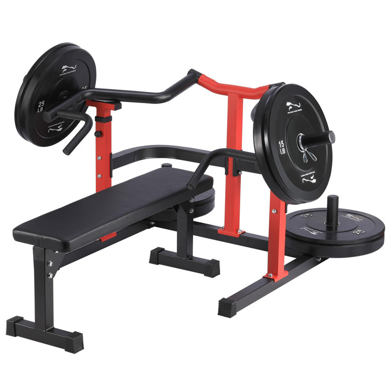 Machine de presse à poils robuste avec accoudoirs indépendants et banc plat, supports de sécurité réglables à 4 niveaux, paliers lisses et silencieux, appareil d'entraînement multifonctionnel pour le gymnase à domicile, rouge