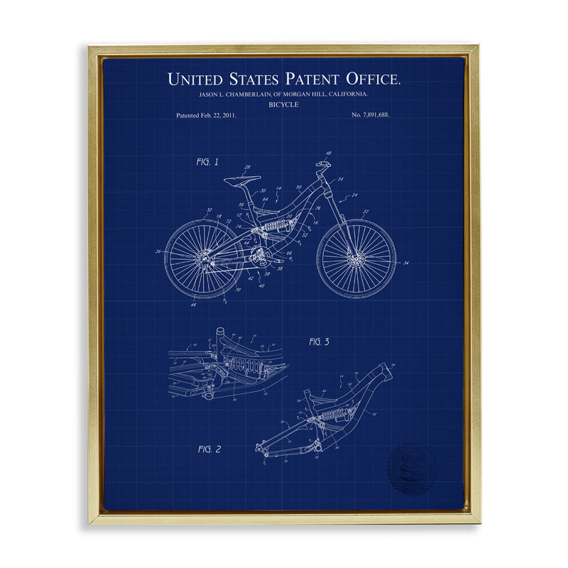Detailed Bicycle Blueprint Gold Framed Floater Canvas Wall Art by Karl Hronek, Cadre flottant métallique doré