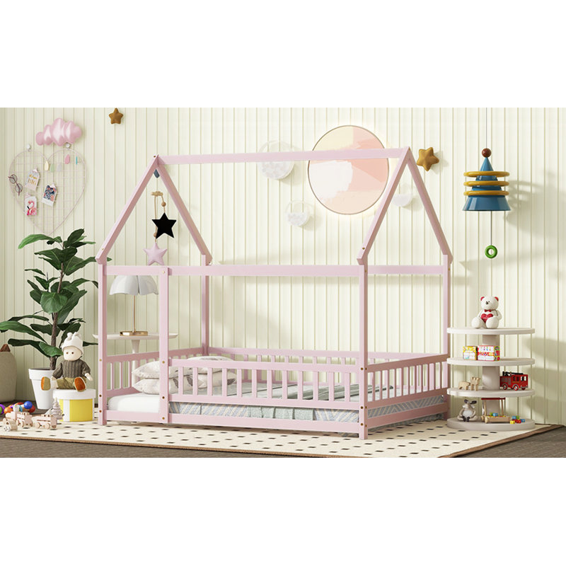Lit en bois avec structure de toit House House, Double, Rose