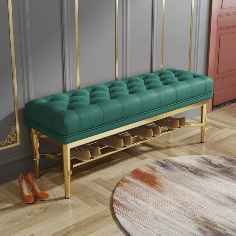 Banc de chambre en cuir vert avec banc d'entrée, Vert