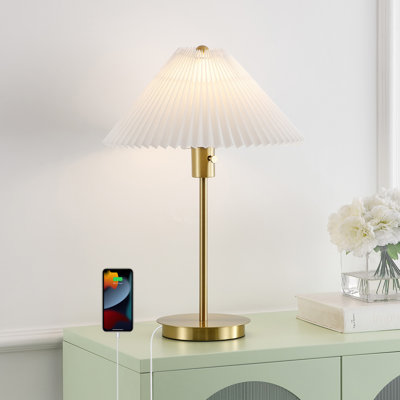 Rast 21.25" Modern Glam Metal Column LED Table Lamp with USB Charging Port and Pleated Shade