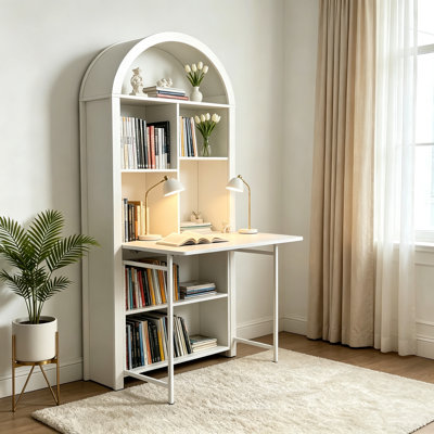Folding Craft Desk with Storage Shelves, Convertible Hideaway Desk to Bookshelf, Foldable Desk with Storage, Disappearing Desk for Small Spaces, Multifunctional Converted Craft Table, Vanity Desk