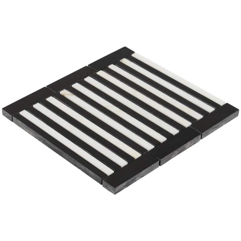 Monroe 8x8 Geometric Border Polished Marble Mosaic Tile, Black Jade