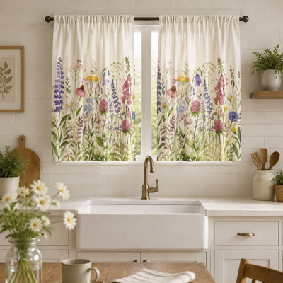 2Pcs Watercolor Wildflower Curtains, Botanical Print Light Filtering Rod Pocket Window Drapes for Living Room Bedroom Kitchen Farmhouse Decor Home, Wall, and Accessories