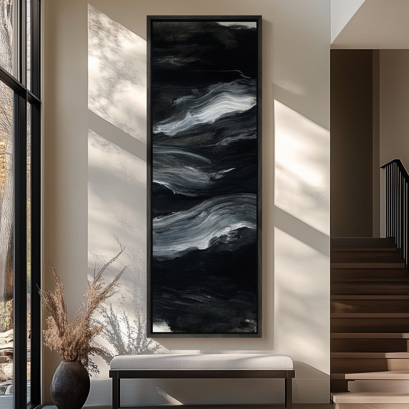 Toile abstraite encadrée, reproduction minimaliste neutre pour décoration murale moderne, H 60 po x l 20 po, Noir