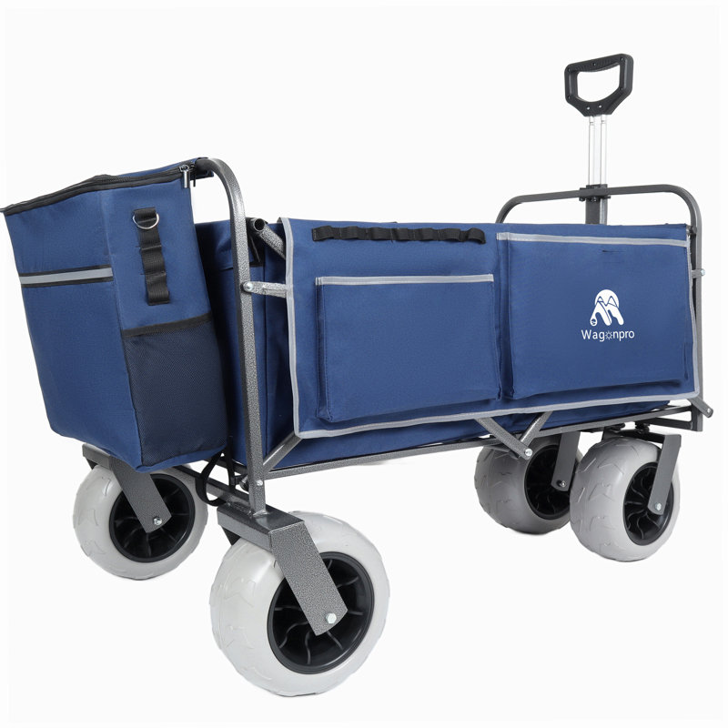 Chariot de plage avec de grandes roues pour le sable, capacité de 500 lb - Conception brevetée, chariot tout terrain à structure en acier avec pneus pneumatiques de 9 po, conception pliable pliable, sangle avec sac multiusage, bleu foncé