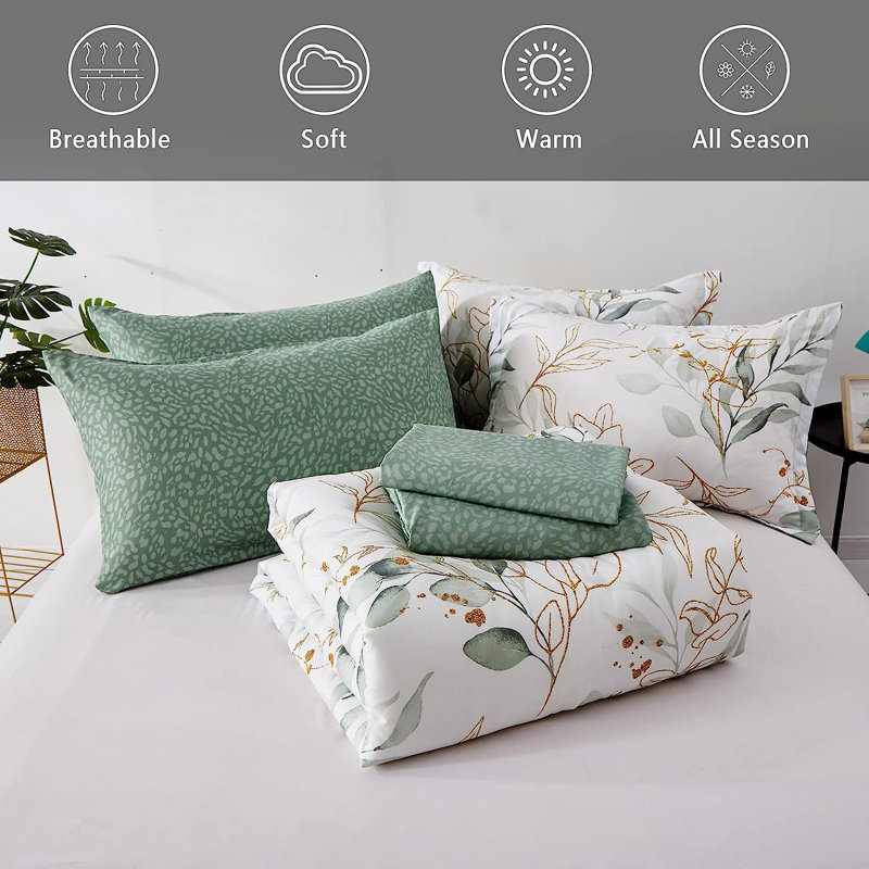 Green and Gold Botanical Microfiber Queen Bed in a Bag Set