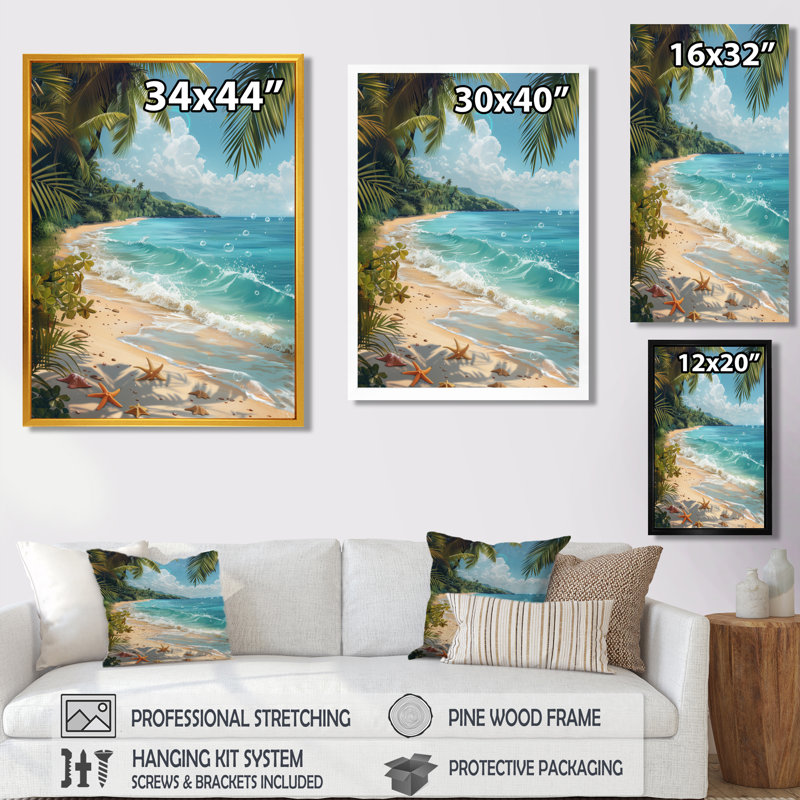 Étoile de mer sur une plage tropicale II - art mural plage, Toile avec cadre flottant or, H 32 po x l 16 po x P 1 po