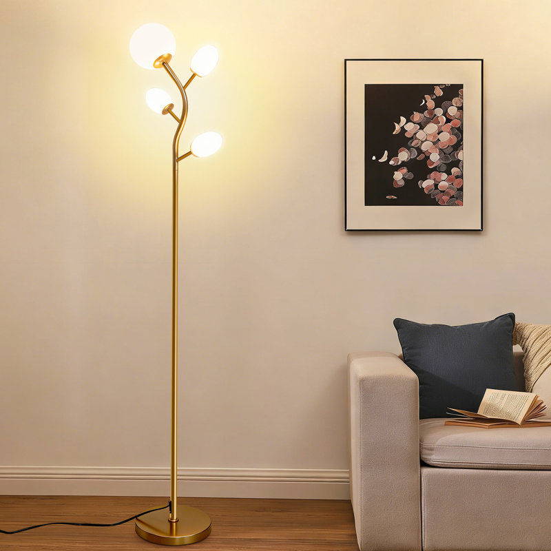 Modern Tree Floor Lamp With 4 Light Bulbs , Black Standing Lamp With Frosted Glass Shade For Living Room & Bedroom, Gold