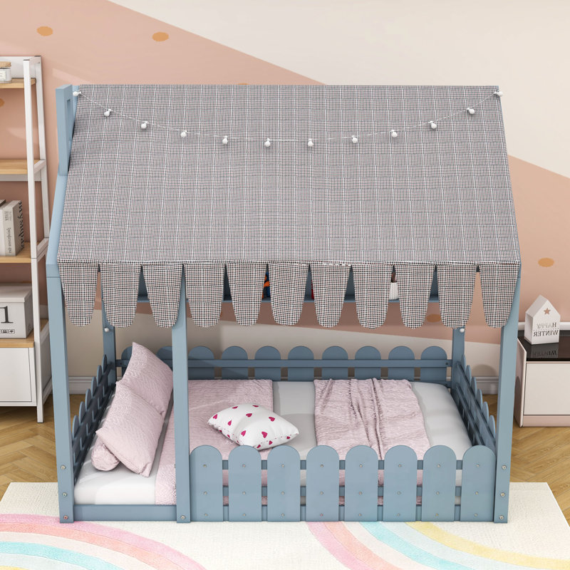 Wooden Floor Bed with Chimney Design, Enchanting Tent, Shelves and Lights, Gray, Full