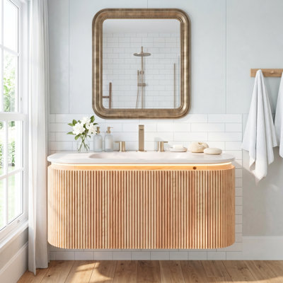 Meuble-lavabo mural 36 po avec finition en bois naturel rayé 36 po avec lavabo en pierre frittée, 3 trous de robinet, éclairage DEL