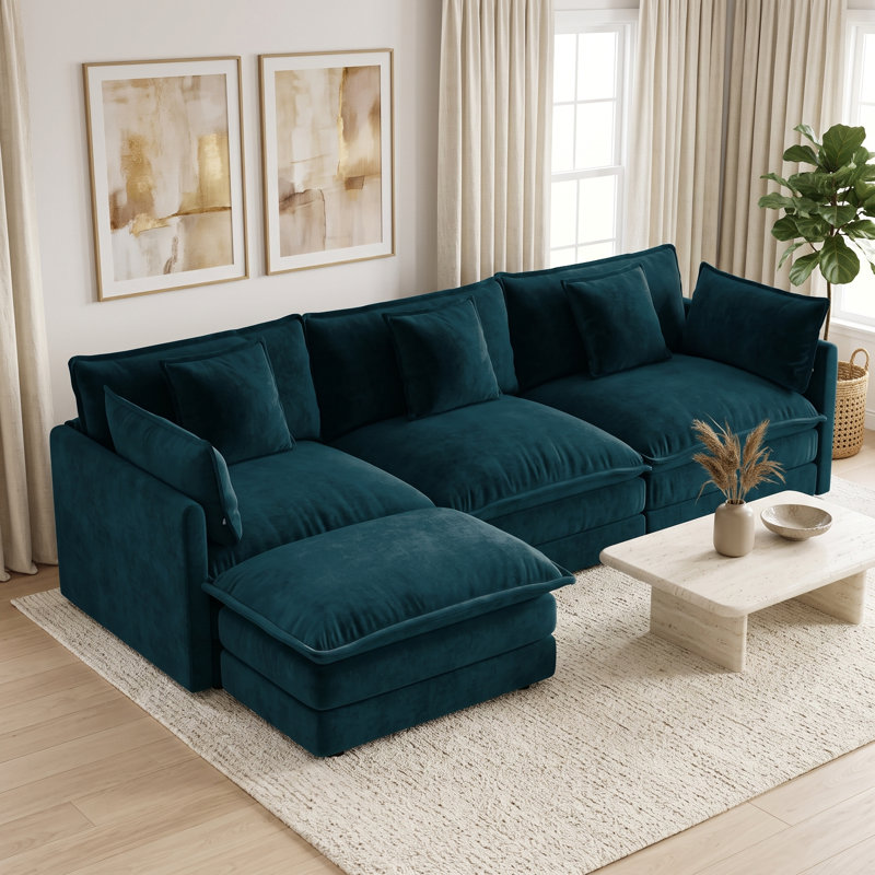 Canapé d'angle modulaire 3 places en chenille avec pouf et siège profond, bleu foncé, Bleu très foncé