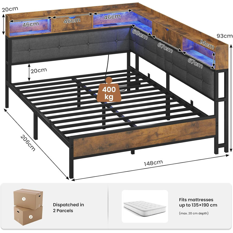 Storage Day Bed Linen Corner Bed with LED Light & Charging Station No Mattress, Double-135x190cm, Grey