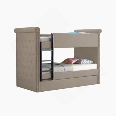 Romana II Beige Fabric Finish Twin/Twin Bunk Bed With Trundle, Padded Guard Rail, And Button Tufted Headboard